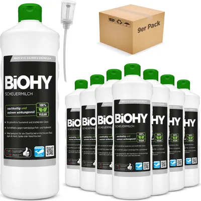 Produktbild von BiOHY Scheuermilch (9x1l Flasche) + Dosierer | entfernt eingebrannte Speisereste mühelos | gründliche Reinigung ohne zu kratzen | schonend zu Haut & Umwelt | für Emaille, Keramik & Edelstahl