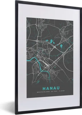 Produktbild von MuchoWow® Gerahmtes Poster Hanau - Stadtplan - Blau - Karte - Deutschland 40x60 cm - Poster mit Schwarzem Bilderrahmen Wandposter Rahmen Foto Bilder - Poster in Rahmen