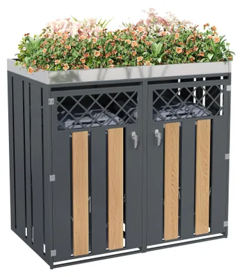 Obrázok produktu pre Kontejner na odpadové koše – 132 x 80 x 124,5 cm, sivá farba, vzhľad dreva, pozinkovaná oceľ, pre 2 odpadové koše, s priestorom na rastliny, uzamykateľný, s vetraním