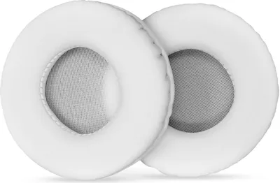 Two white ear pads for headphones are shown against a white background.
