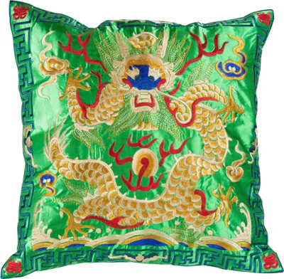 Immagine prodotto di Fine Asianliving Cuscino cinese ricamato a mano Verde Giallo Drago 45x45cm Cotone Giapponese Stile Orientale Asiatico