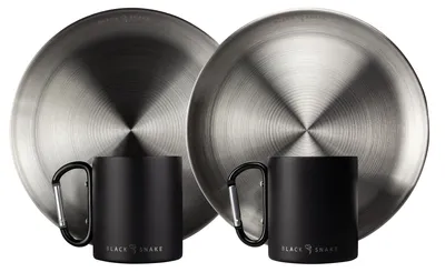 Produktbild von Black Snake® Camping Set - flacher Edelstahl Teller mit Karabinerhaken Thermo Tasse - robustes Outdoor Geschirr für Camping, Wandern & Picknick - 2 Personen