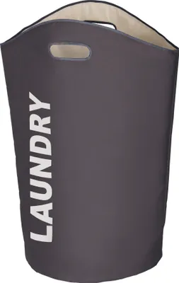 A dark gray laundry basket with the word "LAUNDRY" printed in white on the side.