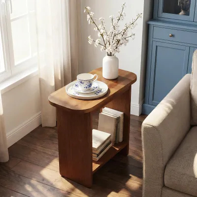 Produktbild von Massivholz-Beistelltisch, H-förmiger 2-Ebenen-Tisch mit Ablageboden, schmaler Nachttisch im Landhausstil für Wohnzimmer, Schlafzimmer, Naturbraun
