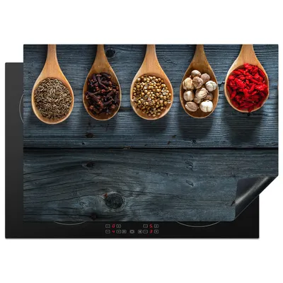 Produktbild von KitchenYeah© Herdabdeckplatte Gewürze - Löffel - Holz - Küche - Gewürze - Industrie , 75x52cm, Küche Deko, Glaskeramikkochfeld Herdabdeckung, Abdeckplatte fùr Kochfeld