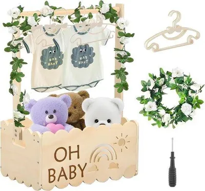 Productafbeelding van Houten Babymand met Hangers - Opbergkist voor Babyshower Cadeau