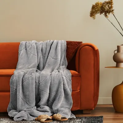 Produktbild von Deko Wohnzimmer Decke Kuscheldecke Tagesdecke Sofadecke Waschbar Raute Weich 150x200cm Grau