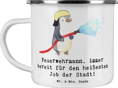 Produktbild von Mr. & Mrs. Panda Emaille Tasse Feuerwehrmann Held - Weiß - Geschenk, Pott, Campingbecher, Mut, Kaffeepott, Feuerwehr, Hilfsbereitschaft, kreative Geschenke, Berufsleben