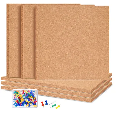 Produktbild von Set mit 6 selbstklebenden quadratischen Korkwandtafeln und 100 Reißzwecken für Pinnwände, Korkwände, Zuhause, Schule, Büro, Dekoration (30 x 30 x 0,6 cm)