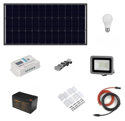 Imagen del producto de Alcapower - Kit de sistema fotovoltaico autónomo de 110 W - Kit que incluye panel solar, regulador de carga, proyector y accesorios de instalación