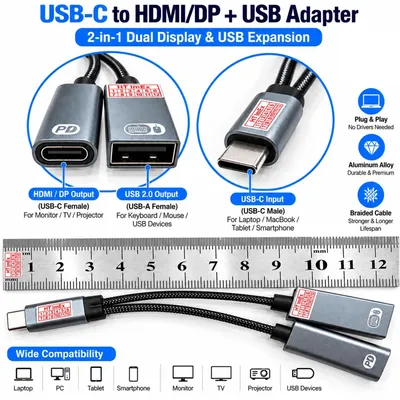 Produktbild von USB C OTG Adapter cable Splitter 1 to 2 with PD 100W Charging Port USB-A 2.0