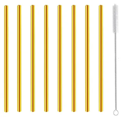 Obrázek produktu pro Nerezové ocelové brčka, krátká, opakovaně použitelné, 8 kusů, zlatá barva, průměr 6 mm, délka 150 mm, s kartáčkem