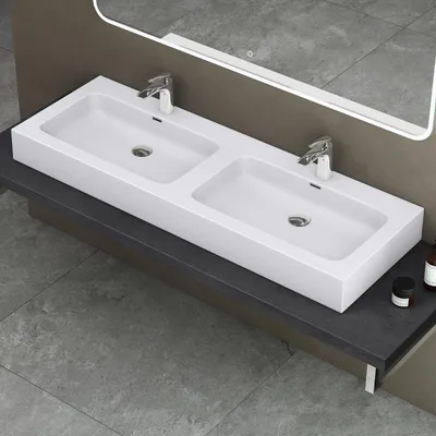 Produktbild von doporro Doppelwaschbecken BTH: 140x48x13 cm Partner-Waschbecken aus Gussmarmor Weiß Matt Colossum830