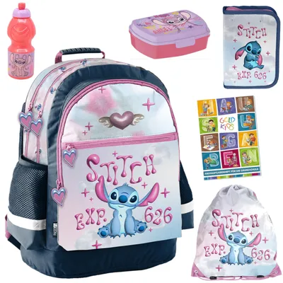 Produktbild von Schulranzen für Jungen und Mädchen, 6er-Set - Schul-Rucksack für Kinder mit Federmäppchen - Schuhbeutel Trinkflasche und Brotdose- Stitch Motiv