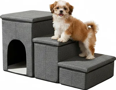 Produktbild von Relaxdays Hundetreppe, 3 Stufen, Höhle & Stauraum, HxBxT: 43 x 75 x 33 cm, faltbar, Hunderampe Bett & Sofa, dunkelgrau