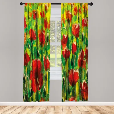 Produktbild von ABAKUHAUS Abstraktes Ölgemälde Vorhänge 2 Panel Set für Wohnzimmer Schlafzimmer Dekor, Mohnblumen im grünen Gras Frühling Jahreszeit Zusammensetzung Natur, 150 cm x 225 cm, Grün Zinnoberrot