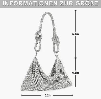 Produktbild von Unyqoos® Clutch Abendtasche für Damen – glitzernde Strass-Abendtasche mit Reißverschluss, geknoteter Schulterriemen 13 cm, 26×16×1 cm, Polyesterfutter, ideal für Party