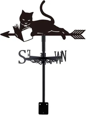 Productafbeelding van Windwijzer Kat - Windrichtingindicator - Tuindecoratie Buiten - Lezende Kat Design - 35x23 cm - Zwart
