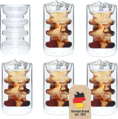 Image de Intirilife 6x verre thermique à double paroi - Style rainuré - capacité 190ml - soufflé à la bouche isolé pour latte macchiato, comme verre à thé ou à café avec anse