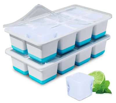 Obrázek produktu pro Forma na kostky ledu, 2 kusy - Velké formy na kostky ledu - Bez BPA - Silikon - Snadné vyjímání kostek - Úsporný design s víkem - Forma na led