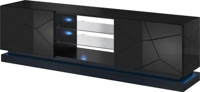A modern black TV stand with geometric patterns and blue LED lighting.