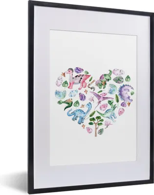 Produktbild von MuchoWow® Gerahmtes Poster Kinderzimmer - Herz - Dinosaurier - Mädchen - Kinder - Rosa - Kinder 30x40 cm - Poster mit Schwarzem Bilderrahmen Wandposter Rahmen Foto Bilder - Wandposter Schlafzimmer