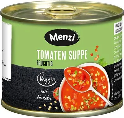 Produktbild von Menzi Fruchtige Tomaten Suppe 1000 Ml Dosen  Tafelfertig - in der praktischen 5er Stange = 5 Dosen à 200 ml Vegetarisch Ohne künstliche Zusatzstoffe