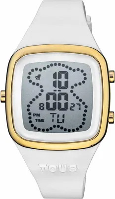 A digital watch with a white strap and a gold bezel.