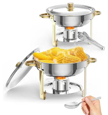 Obrázek produktu pro Ohřívač na bufet typu chafing dish – 5 l, nerezová ocel – s víkem, lžící a kleštěmi – snadné čištění a montáž – pro catering a bufety – balení po 2 kusech