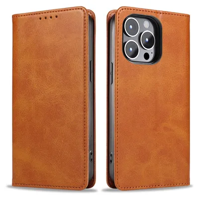 Produktbild von Handyhülle für Apple iPhone 15 Pro Max Kunstleder Flip Cover Hülle Klapphülle Case Kartenfach Farbe: Hellbraun