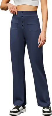 Productafbeelding van Dames pantalon met hoge taille, wijde rechte pijpen en knoopsluiting, geschikt voor sport, werk en vrije tijd