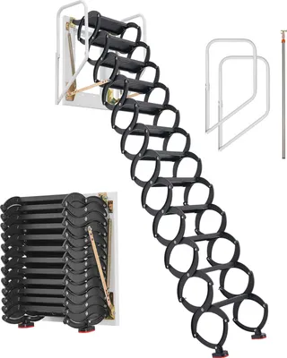 A foldable attic ladder is shown in both its extended and folded states, along with accessories like handrails and a pole.