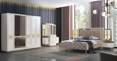 Produktbild von Schlafzimmer Set 5tlg. Luxus Bett 2x Nachttisch Kommode Kleiderschrank Holz
