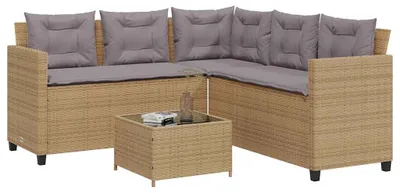 Immagine prodotto di vidaXL Divano da giardino a L con tavolo e cuscini Beige poly rattan