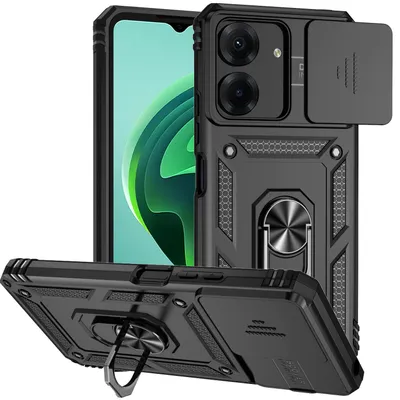 Produktbild von Pouzdro pro Xiaomi Redmi 13C /Poco C65 dvouvrstvé pouzdro s posuvným krytem kamery a prstencovým stojánkem černé
