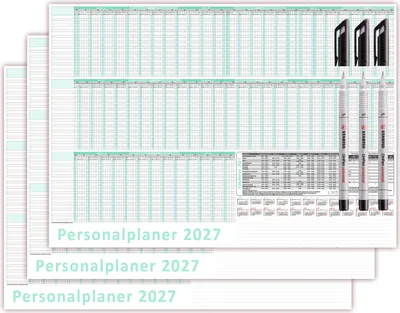 Produktbild von 3 Stück Urlaubsplaner/Personalplaner 2027 DIN B2 nass abwischbar + 3 Stifte schwarz Format (500 x 700 mm) für bis zu 22 Mitarbeiter Januar Kalenderjahr bis März Folgejahr mit Schulferien (gerollt!)