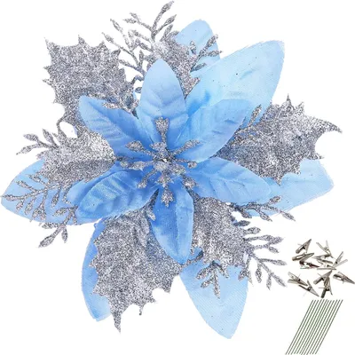 Produktbild von 12 Stück glitzernde Weihnachtssterne, 14 cm, künstliche Blumen, Weihnachten, mit Clips, Stielen, Weihnachtsbaumschmuck für Hochzeit, Party, Kranzdekoration (hellblau)