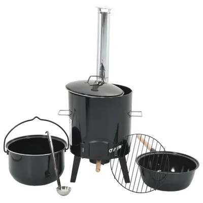 Produktbild von vidaXL Gulaschkanone mit Rauchabzug & Deckel Schwarz Stahl Emailliert