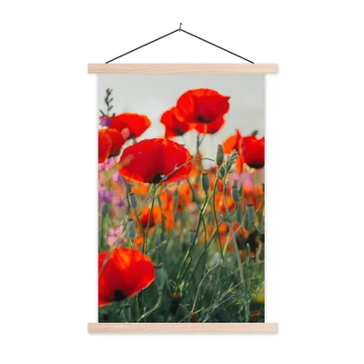 Produktbild von MuchoWow® Textilposter Mohn - Blumen - Rot - Lila - Wiese 40x60 cm mit holzfarbenen Rahmen - Poster