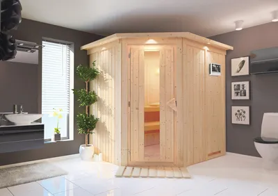 Produktbild von Karibu Sauna Innensauna Siirin Eckeinstieg Ofen 9 kW  externe Strg easy 210x184x202 cm mit Dachkranz mit Energiespartür