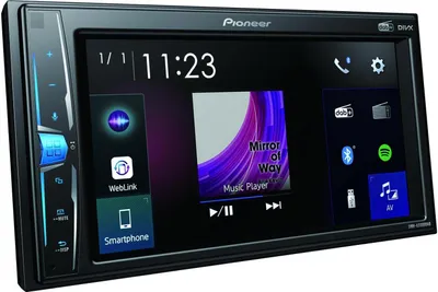 A Pioneer car stereo with a touchscreen display showing various app icons and music playback controls.
