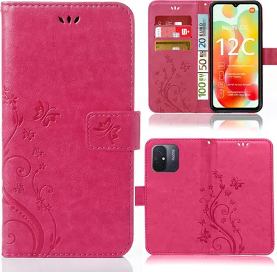 A collage of images showing a pink phone case with a floral pattern, a phone inside the case, and credit cards.