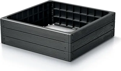 A black raised garden bed kit with a wood-grain texture.