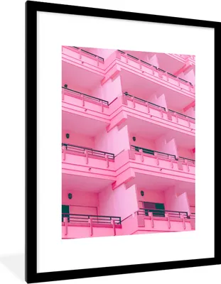Produktbild von MuchoWow® Gerahmtes Poster Balkon - Sommer - Rosa - Architektur 60x80 cm - Poster mit Schwarzem Bilderrahmen Wandposter Rahmen Foto Bilder - Wohnzimmer - Dekorationen - Prämie