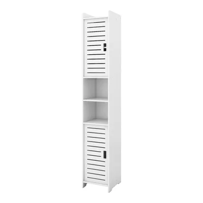 A tall, narrow white cabinet with two doors and open shelves.