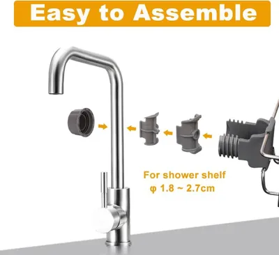 An illustration showing parts of a faucet and accessories for mounting a shower shelf.