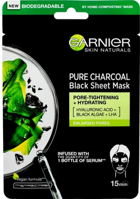 Image de Masque de tissu noir à l'extrait d'algue pur charbon de bois Skin Naturals (Masque de tissu noir) 28 g