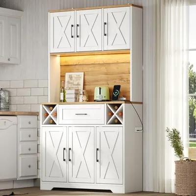 Produktbild von STILVORA Vorratsschrank mit Weinregalen,Vitrinenschrank für Wohnzimmer und Esszimmer,Küchenschrank mit LED-Beleuchtung,Weinschrank Weiß