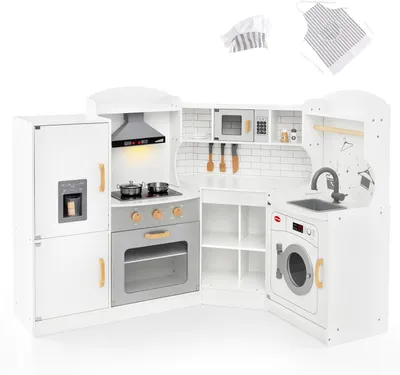 Produktbild von DREAMADE Hölzerne Eckkinderspielküche mit Spielzubehör, platzsparende Holzküche mit Waschmaschine, Mikrowellen, Backofen & Kochfelder, Spielzeugküche
