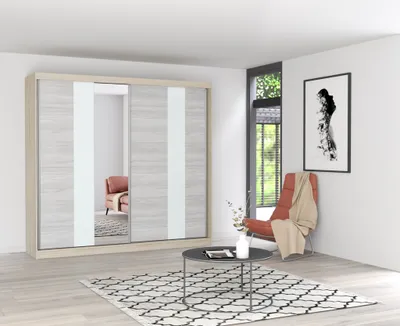 Produktbild von Easy4You M32 Sonoma/Kathult Schiebetürenschrank Kleiderschrank 233x218x61 cm mit Spiegel - Schlafzimmermöbel, Aufbewahrung – Mehrzweckschrank mit 2 Kleiderstangen